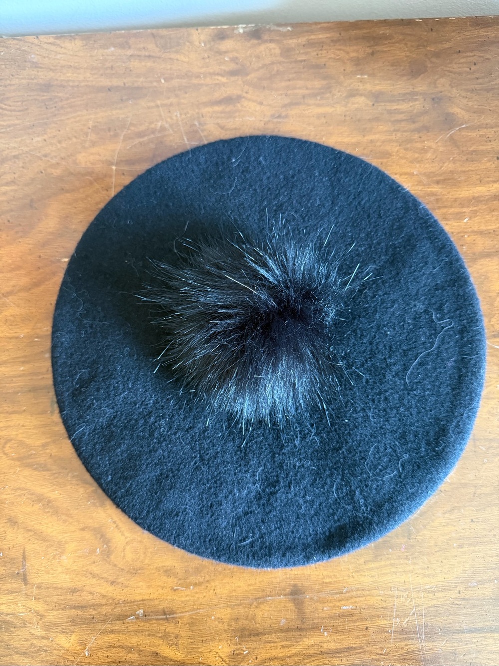 Chic Black Wool Beret with Fur Pom